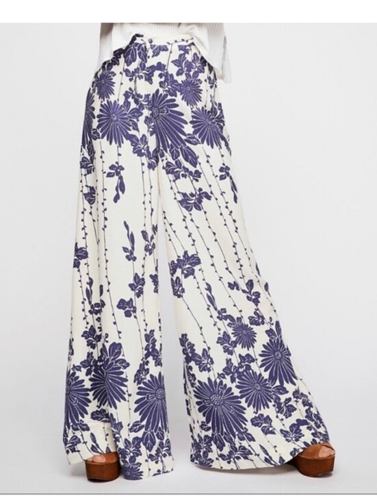 Free People Pants - Free People Floral Wide Leg Palazzo Pants Navy Botanical Stripe Rayon Boho SZ 10